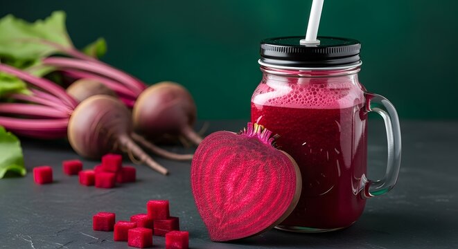 Fresh beetroot smoothie in a glass jar with beet slices.