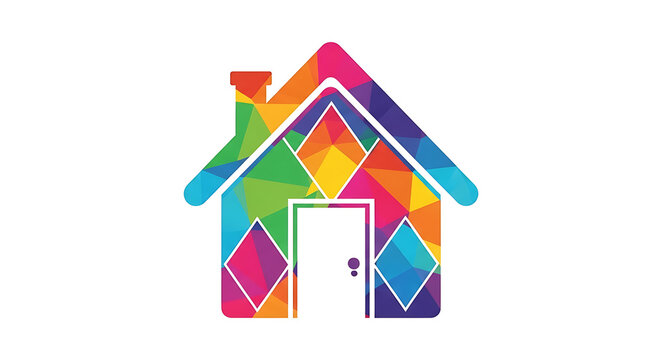 Colorful geometric abstract of a house with diamond pattern roof and square windows