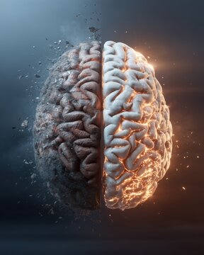左右で対照的に表現された人間の脳のイメージ。科学や医療、心理学関連の資料やプレゼンテーションに適したビジュアル。