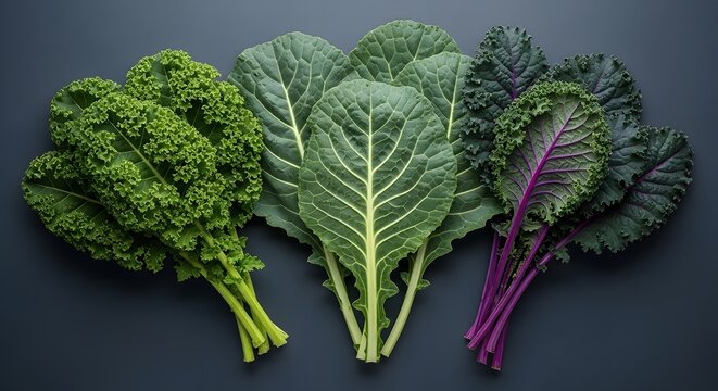 Fresh variety of leafy green kale and collard greens on a dark background.