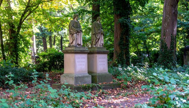Two stone statues depicting figures with draped clothing on pedestals in a shaded park surrounded by foliage and trees