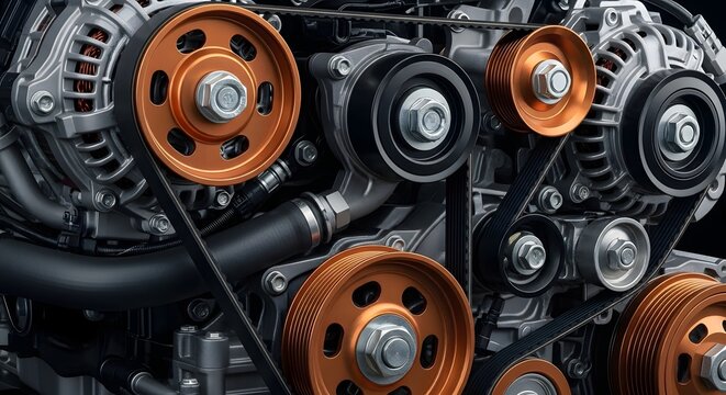 Close up view of a modern car engine components with metallic pulleys and belts.