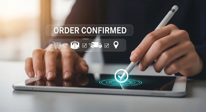 Customer confirming online order purchase on tablet with confirmation screen