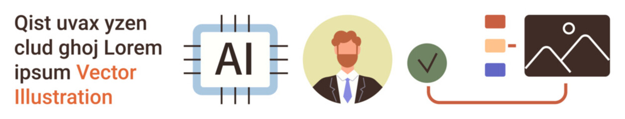 Fototapeta premium Artificial intelligence, data processing, identity verification, human resources, analytics, technology integration. Diagram of AI chip, human profile and ticked checkbox. Artificial intelligence