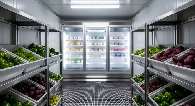 Industrial walk-in refrigerator storage room filled with fresh organic vegetables.