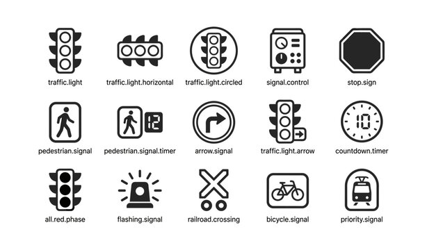 Traffic signal icons showing various signs and controls on white