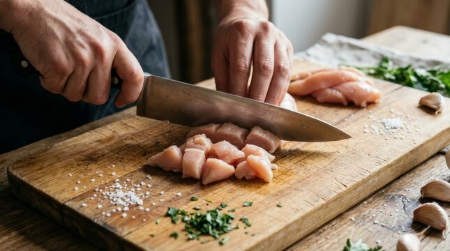 Chicken Being Chopped by Hand on a Wooden Cutting Board
