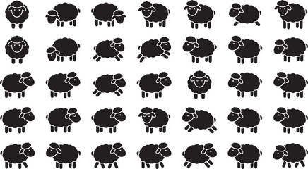 Group of cute sheep silhouettes in different poses and actions for farm themed designs agricultural projects and children creative illustration on white background. © Nawfel Mahmud