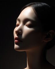 Fototapeta premium 目を閉じて静かに佇む女性の横顔。美容やリラクゼーションのイメージに最適なポートレート。