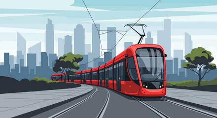 Obraz premium Modern Red Tram Riding on Rails Through a Futuristic City Skyline with Trees and Road