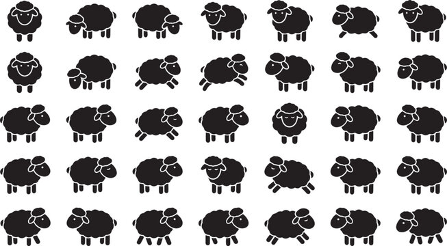 Group of cute sheep silhouettes in different poses and actions for farm themed designs agricultural projects and children creative illustration on white background.