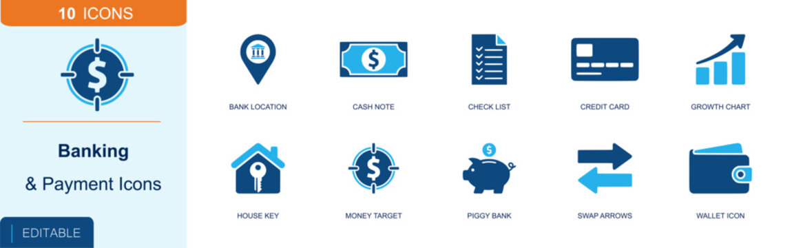 Banking and payment icon set. Containing bank location, cash note, check list, credit card, growth chart, house key, piggy bank, swap arrows, wallet and more. Solid fill vector icons.