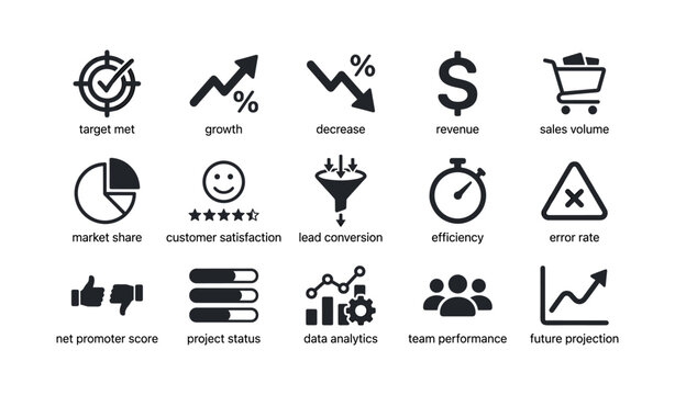 Business performance and kpi icons set on white background