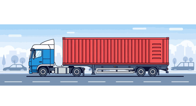Large cargo truck transporting goods in a city with a backdrop of trees and vehicles on the road