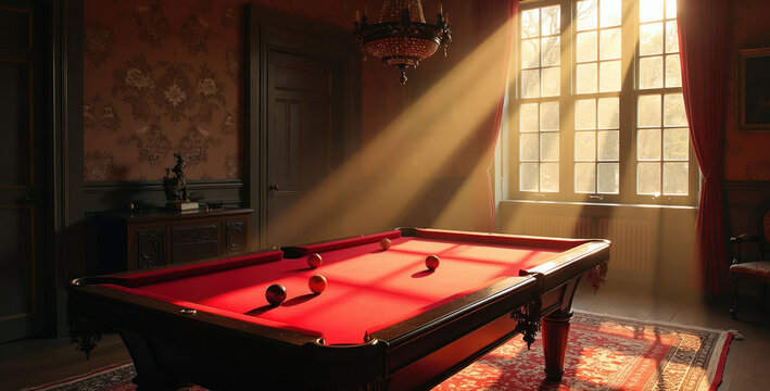Red pool table in dimly lit vintage room, sunbeams through window. Antique decor, chandelier, ornate wallpaper, patterned rug. Peaceful, opulent atmosphere, leisure game.