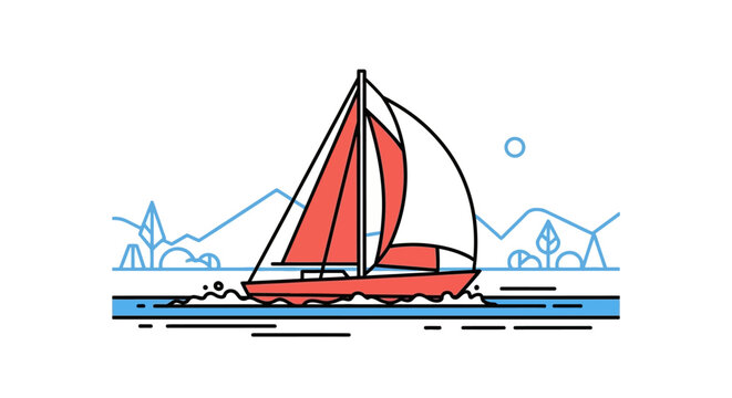 A vibrant red and white sailboat glides across a calm blue sea, with stylized mountains and thin trees in the background under a clear sky