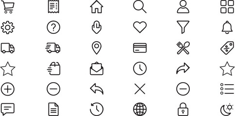 Set of thin line e-commerce and web interface icons for mobile app or website design including user profile settings shopping cart delivery information navigation. © Nawfel Mahmud