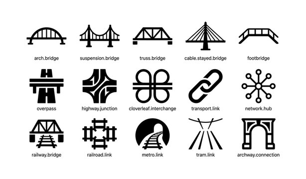 Assorted bridge and transport link icons on plain white background
