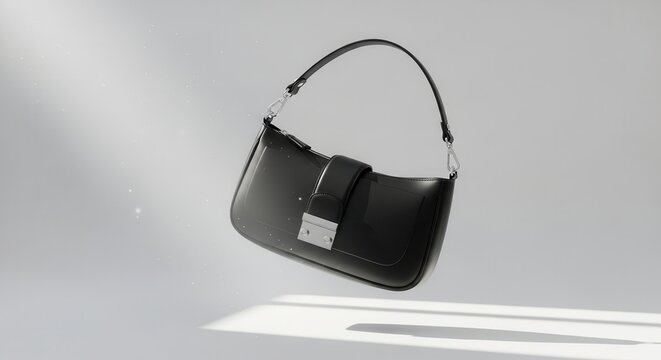 Elegant black leather shoulder bag floating against light background
