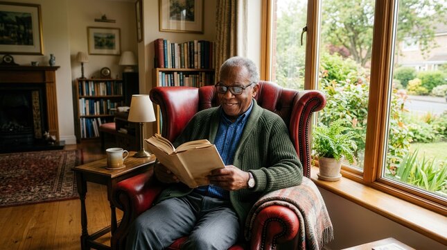Elderly man reading book in cozy armchair by window