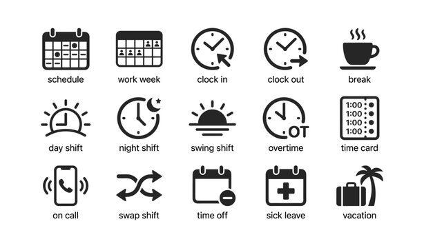 Work schedule and shift management icons in grid on white backdrop