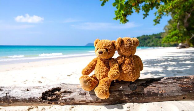 Two stuffed bears sit close on a driftwood log. Background is a white sand beach, turquoise water, and blue sky with trees