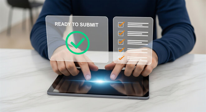 Man completing online form on tablet ready to submit digital document