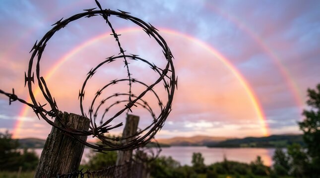 Barbed wire fence against double rainbow sunset sky
