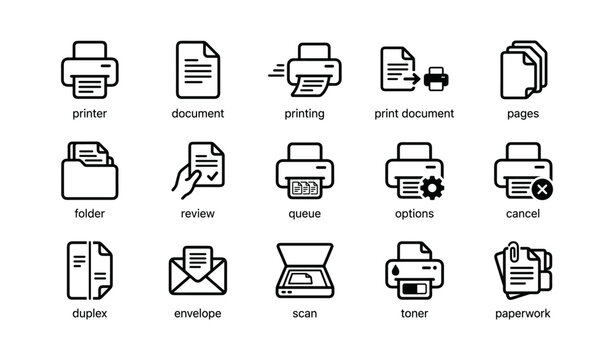 Printing and document icons arranged in grid on white background