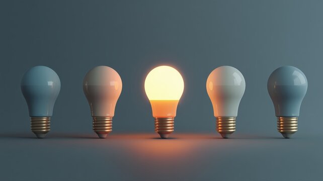 5つの電球が並び中央の電球だけが点灯している状態。アイデアや独創性を表現するビジネスやプレゼンテーション向けのイメージ素材