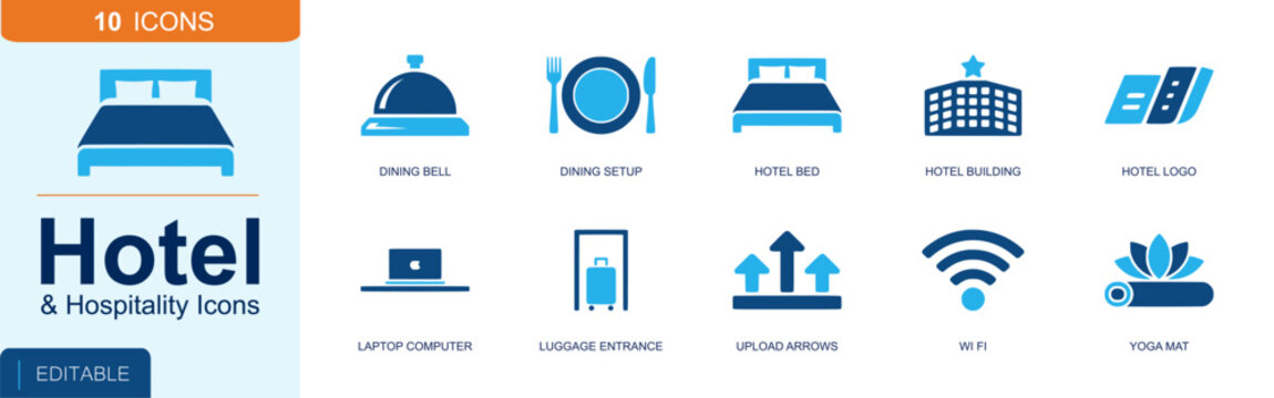 Hotel and hospitality icon set. Containing dining bell, dining setup, hotel bed, hotel building, laptop, luggage entrance, upload arrows, wifi, yoga mat and more. Solid fill vector icons.