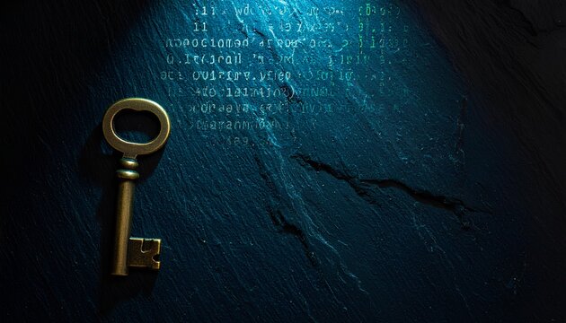 石板の上の古い鍵とデジタルマトリックスの光 / Old key on slate surface with digital matrix light (Generative AI)