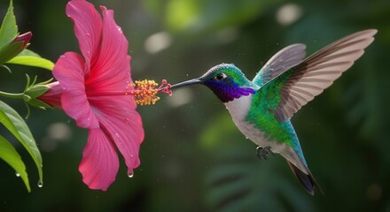 Obraz premium Hummingbird feeding on vibrant pink hibiscus flower close up