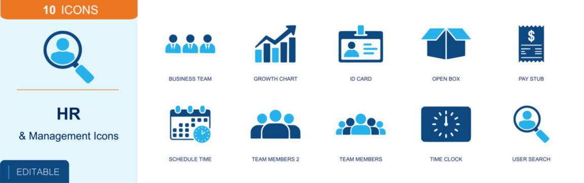 Human resources icon set. Containing business team, growth chart, ID card, pay stub, schedule time, team members, time clock, user search, open box and more. Solid fill vector icons.