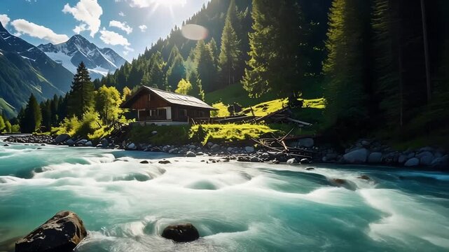 Clear mountain river flowing through alpine valley with wooden cabin in background
