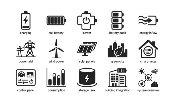 Battery and energy icons showing charging and renewable systems