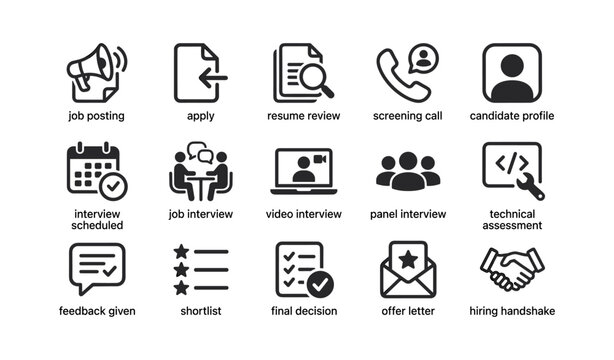Recruitment icons illustrating hiring process stages and tasks