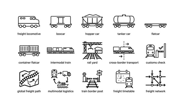 Freight rail icons displaying train cars and logistics symbols