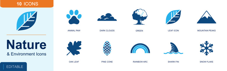 Obraz premium Nature and environment icon set. Containing animal paw, dark clouds, green globe, leaf icon, mountain peaks, oak leaf, pine cone, rainbow arc, shark fin and more. Solid fill vector icons.