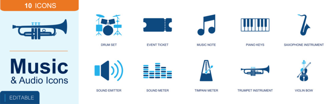 Music and audio equipment icon set. Containing drum set, event ticket, music note, piano keys, saxophone, speaker, equalizer, metronome, trumpet and more. Solid fill vector icons.