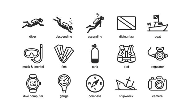 Scuba diver and diving equipment icons on white background