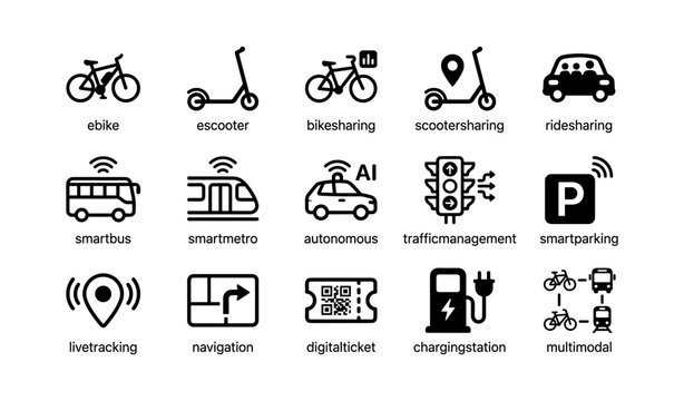 Transportation and mobility icons arranged in grid on white background