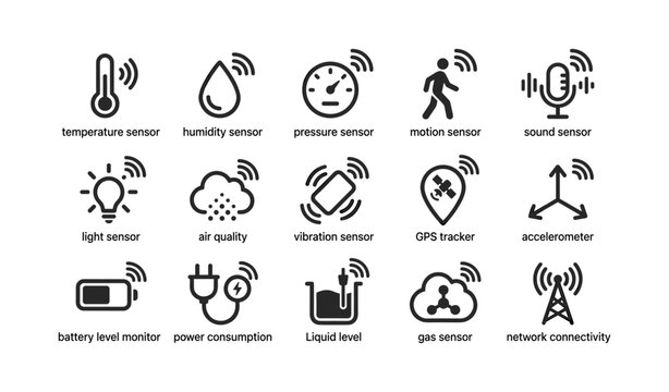 Sensor icons showing various iot measurement types on white background