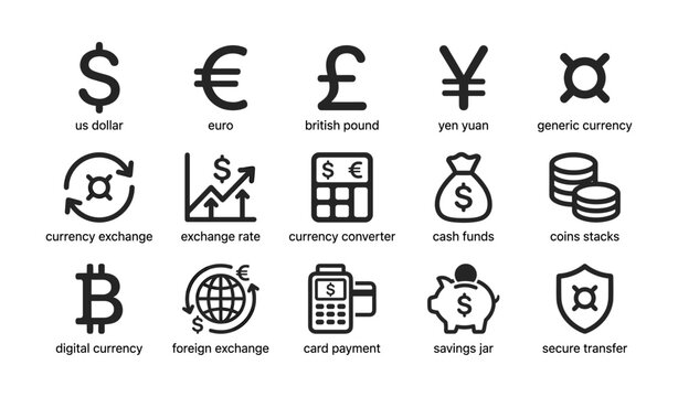 Currency icons showing symbols and finance concepts on white