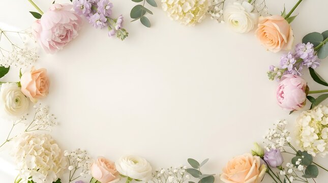 Elegant vintage frame of white roses and green leaves creates a floral border design perfect for a wedding invitation card or nature album decoration