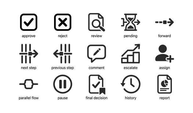 Workflow icons for approve reject review and navigation controls