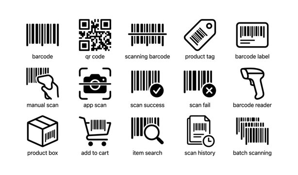 Barcode and scanning icons arranged in a grid on white background