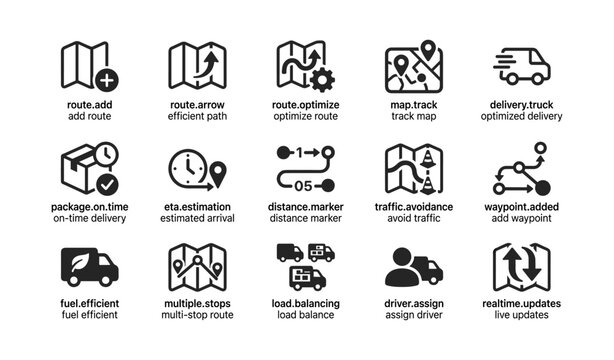 Routing and delivery icons grid with map symbols on white