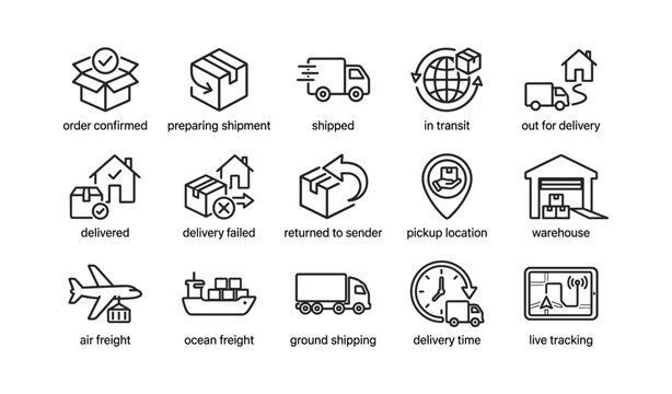 Delivery icons shipping stages and tracking on white background