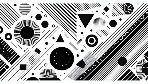black and white abstract memphis pattern with geometric shapes and lines on white background for design and decoration with texture and graphic